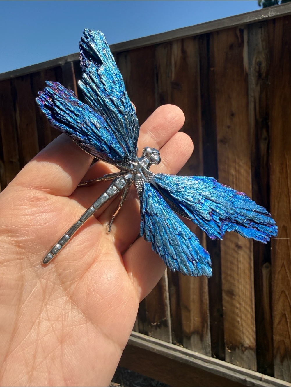 Large Titanium Kyanite Dragonfly Figurine – Silver Metal Frame with 6" Gemstone